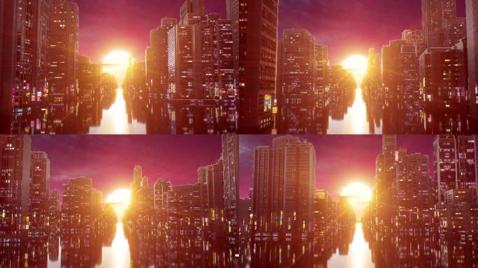 赛博朋克科幻都市穿梭落日城市视频背景素材
