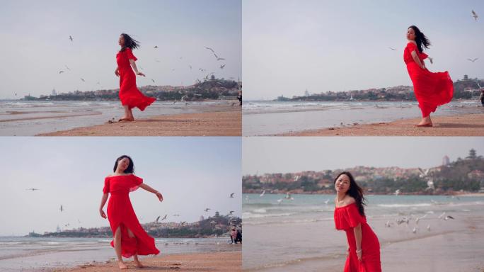 红裙美女海边跳舞-红衣美女舞蹈海滩