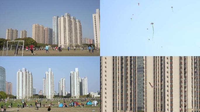 城市解封人们涌向草坪踏青玩耍放风筝
