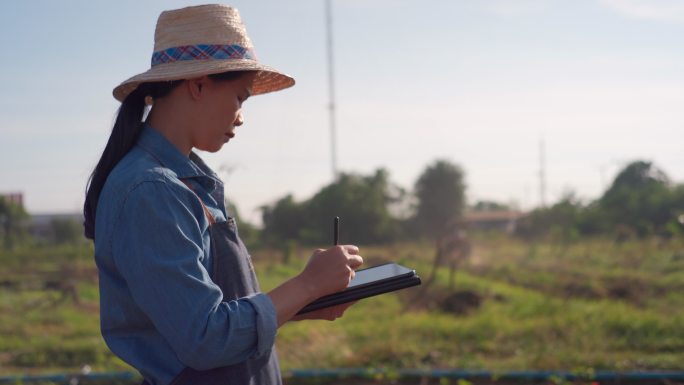 女农民使用平板电脑检查农田中的农业发动机