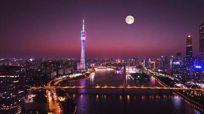 超清广州塔满月夜景航拍