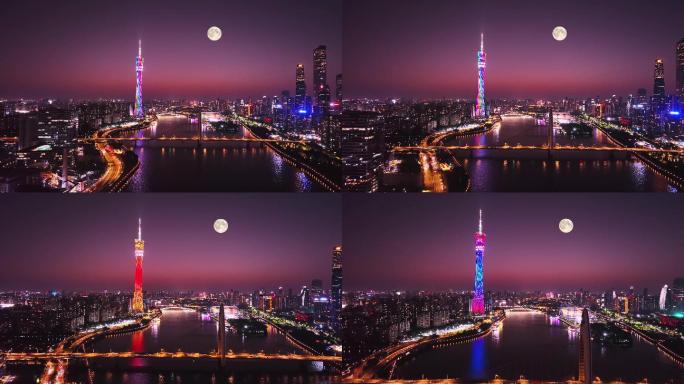 超清广州塔满月夜景航拍