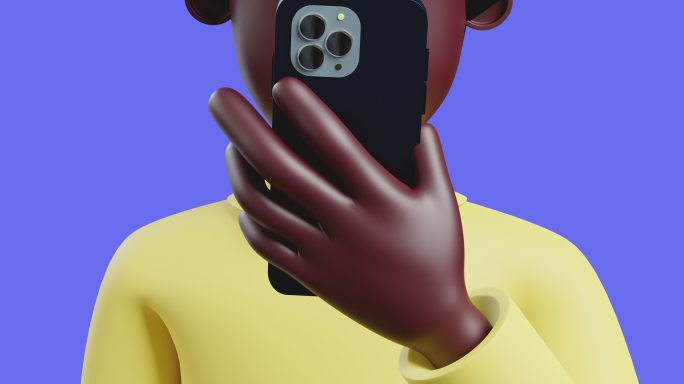 3d动画年轻商人使用智能手机。