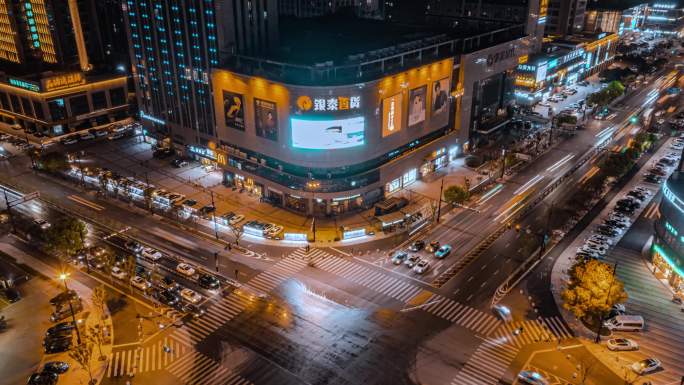 绍兴柯桥区笛扬路银泰夜景4K航拍夜景延时