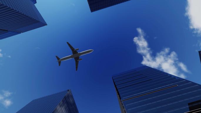 飞机空中飞过商业大楼楼顶