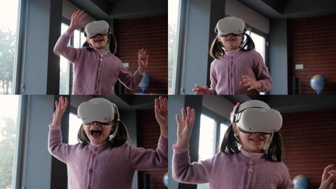 戴着虚拟现实眼镜玩得开心的孩子