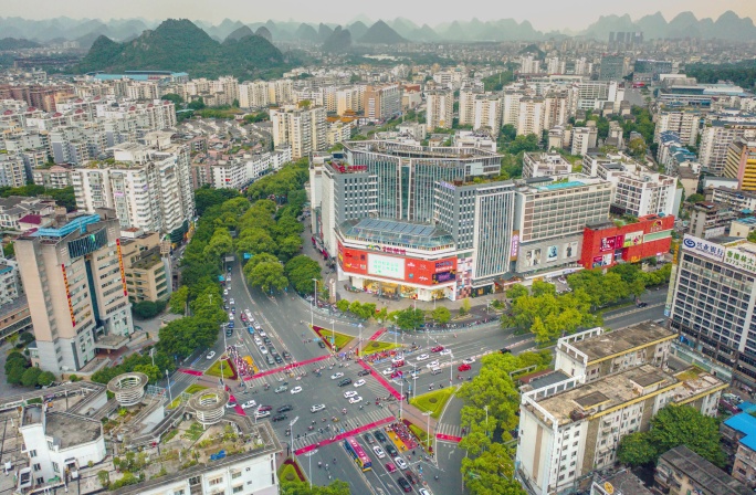 桂林七星区三里店城市日落延时航拍摄影素材