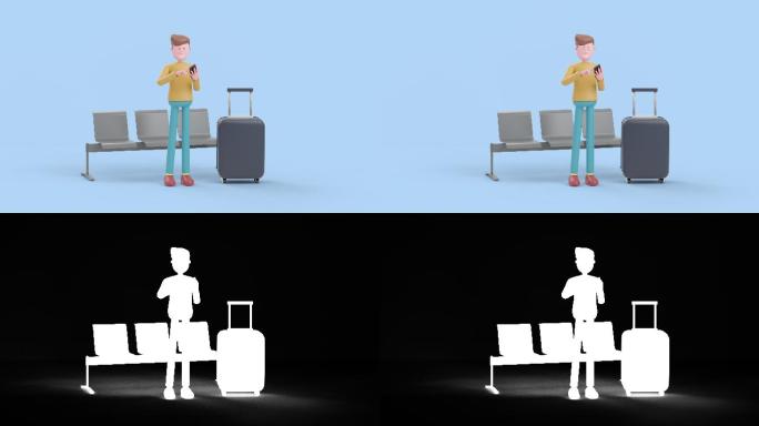 卡通动画男子在机场使用智能手机