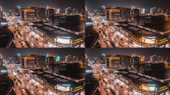 绍兴柯桥区蓝天商业中心4K航拍夜景延时