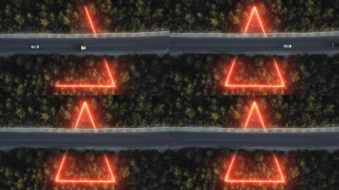 三角形霓虹灯穿过沥青路、森林路中间