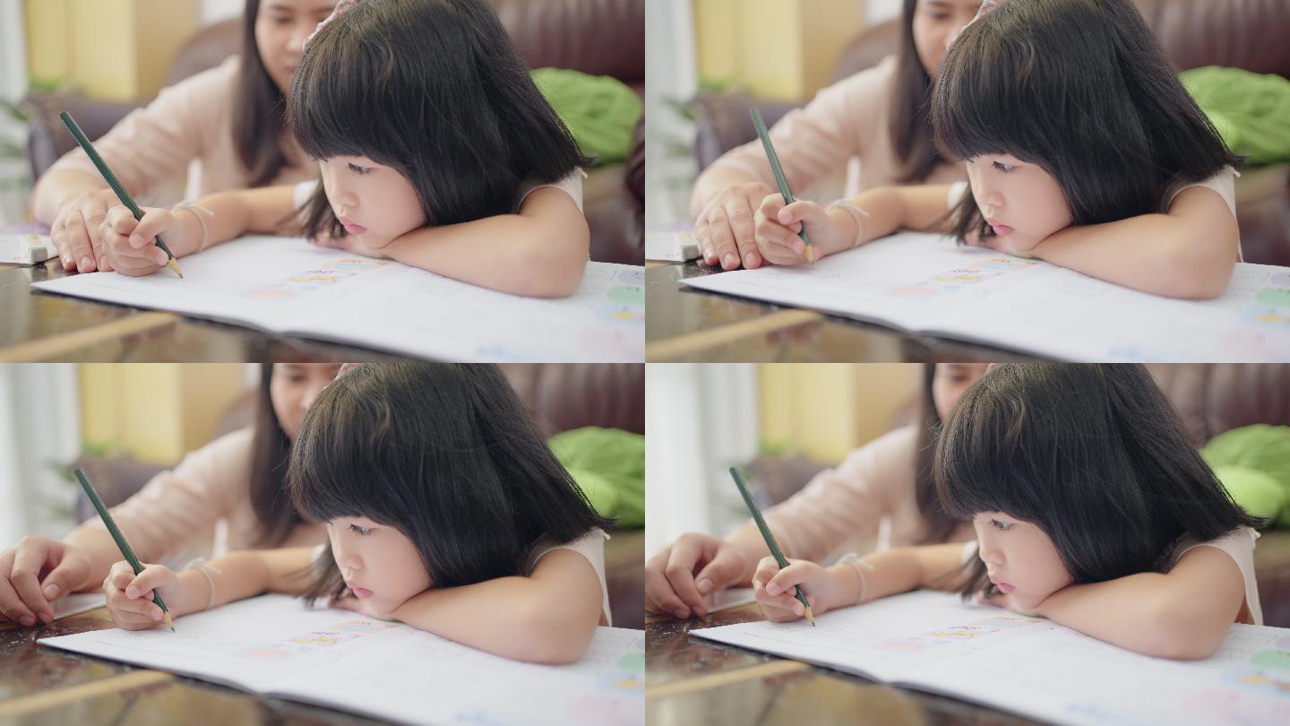 做作业的小女孩辅导功课涂鸦学习