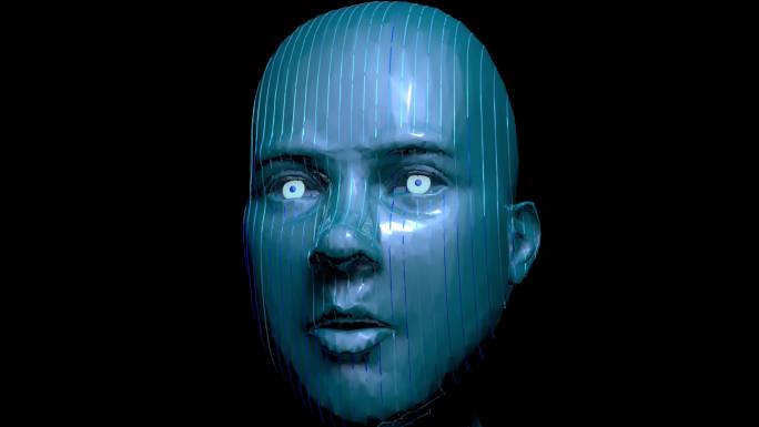 人工智能机器人面部的180度前视图动画