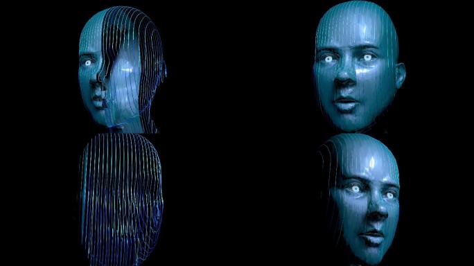 人工智能机器人面部的180度前视图动画