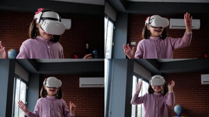 戴着虚拟现实耳机玩得开心的孩子