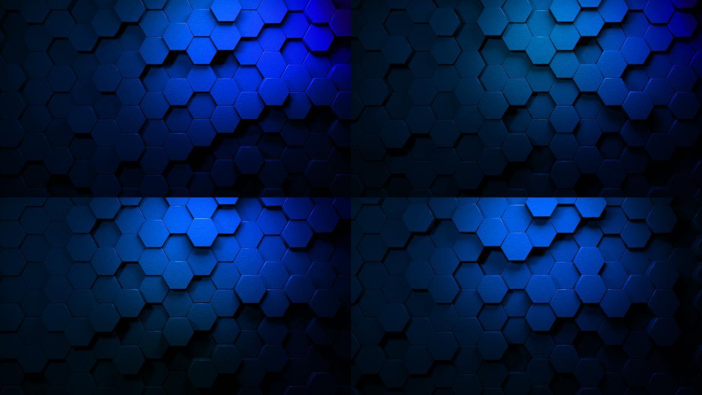 蓝色背景六边形3d动画几何图形