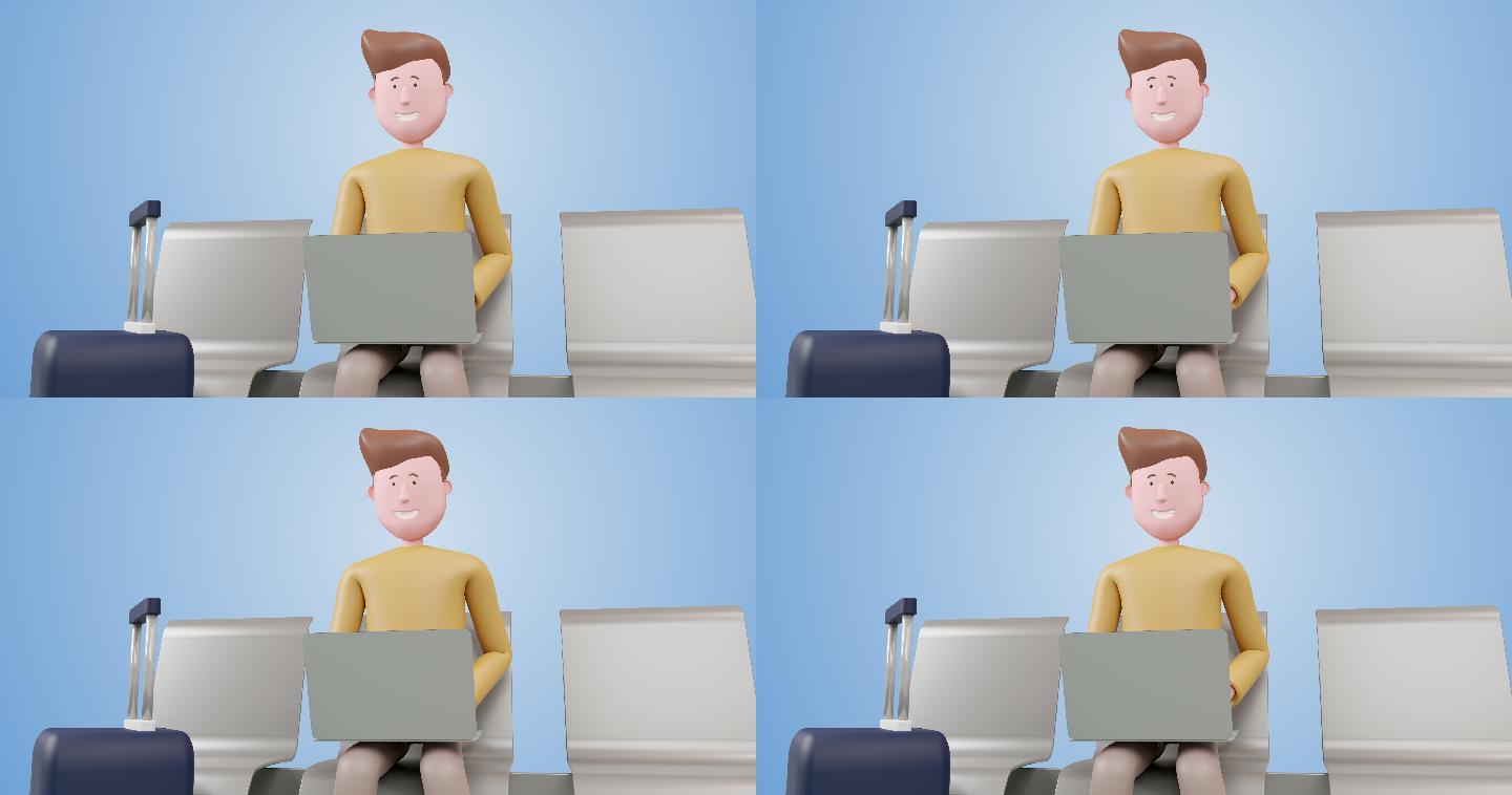 坐着使用笔记本电脑的3d动画商人