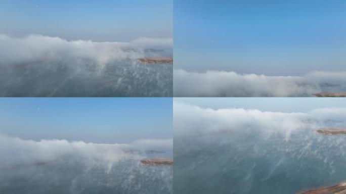 航拍湖泊清晨云雾袅绕美景