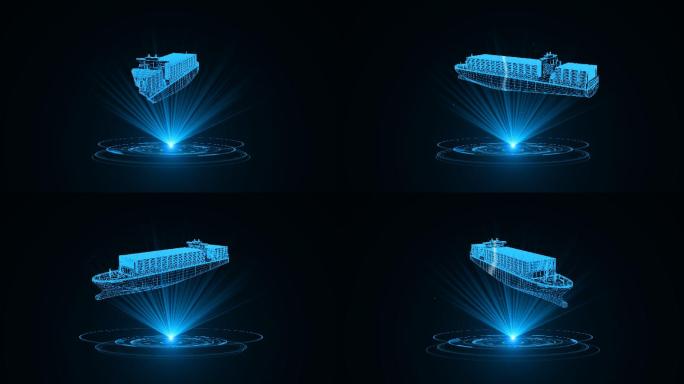 蓝色线框全息科技货船动画素材带通道
