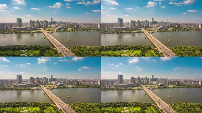 中国辽宁沈阳市城市风景浑河蓝天延时摄影