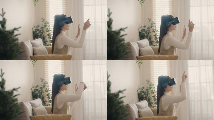 在客厅里用虚拟现实眼镜购物的年轻女性。