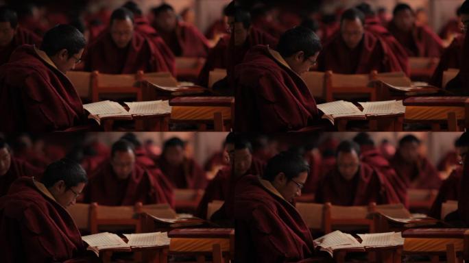 西藏族拉萨 寺庙 僧人 祈祷诵经文 油灯