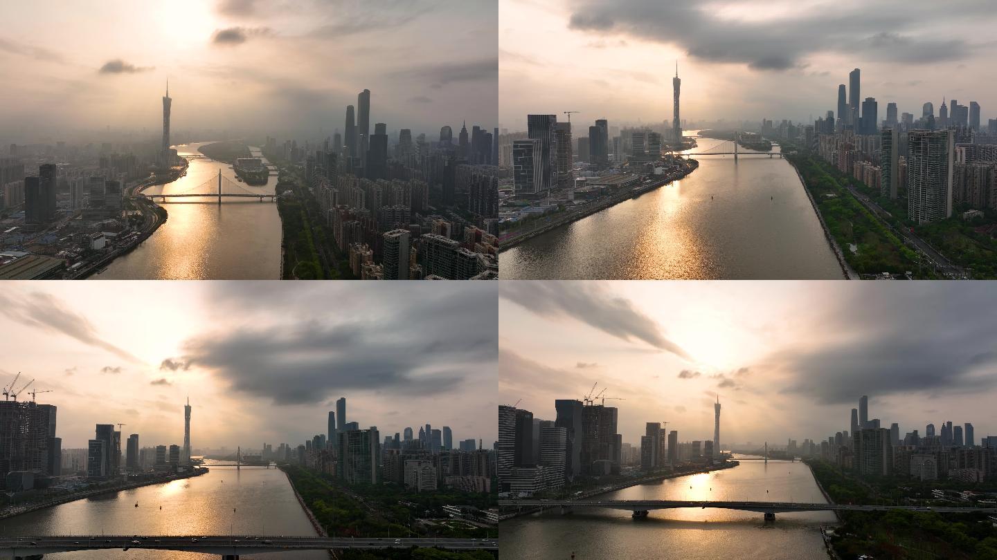 大气广州珠江新城天际线夕阳航拍4K御3