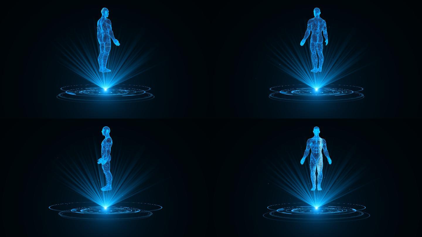 蓝色科技全息线框男人体动画带通道