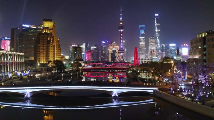 上海苏州河夜景航拍4k