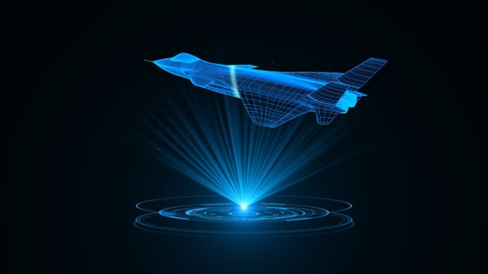 蓝色全息科技线框歼20战机动画素材带通道