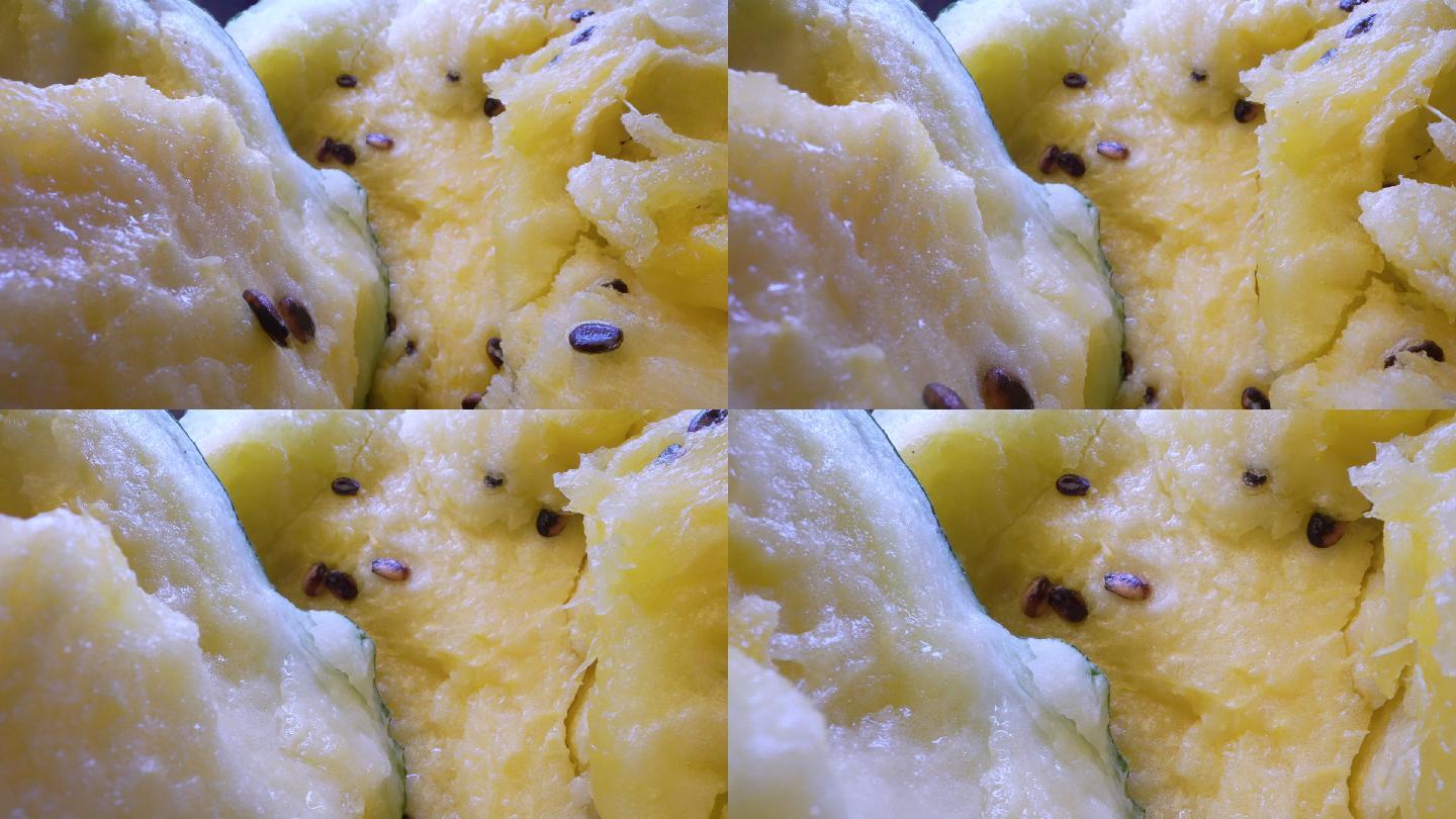 放大黄色西瓜实拍视频果实果肉