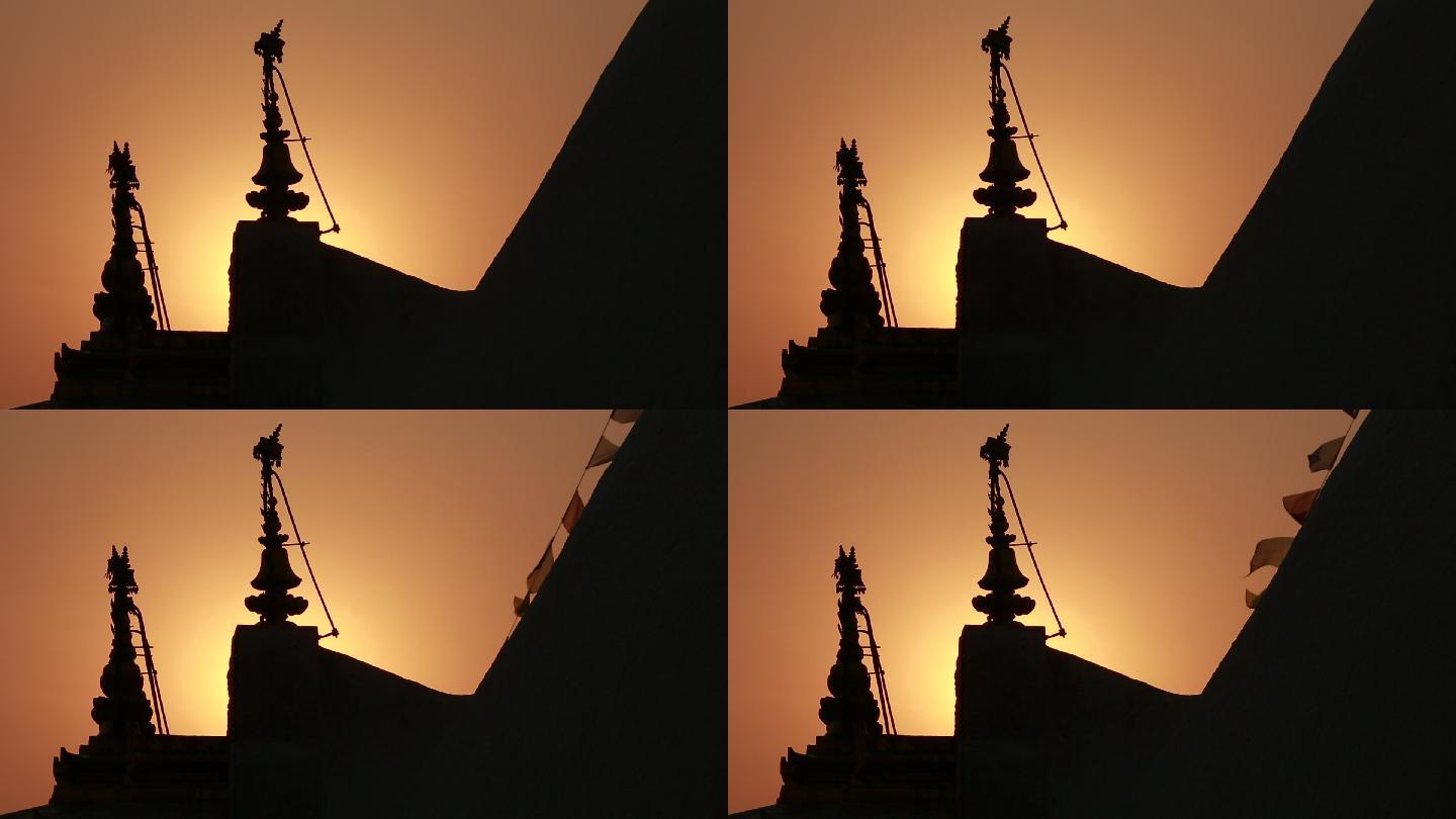 尼泊尔 藏式建筑 国外 经幡 寺庙塔夕阳