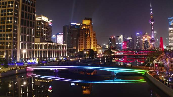 上海苏州河航拍夜景4k