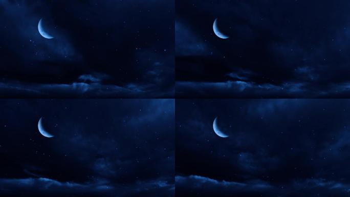 【HD天空】新月星空夜晚蓝色弯月星月夜景
