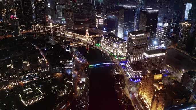 上海苏州河夜景航拍长镜头4k