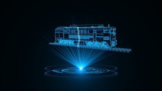 蓝色线框全息科技火车货车车头循环带通道