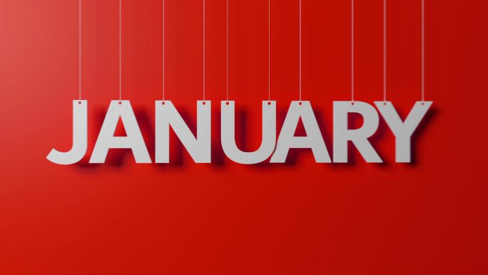1月份的文字悬挂在红色背景的绳子上