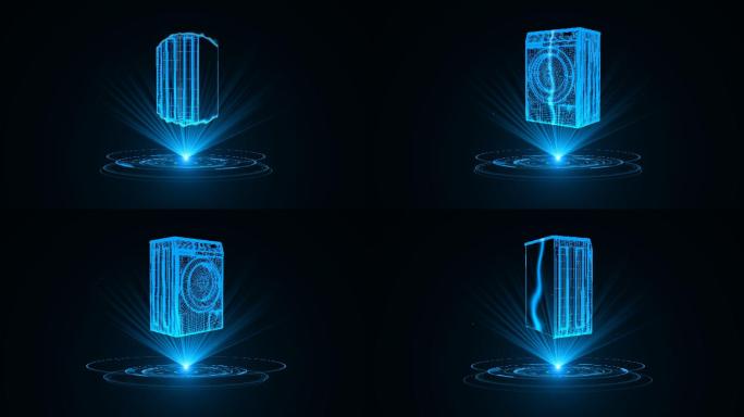 蓝色线框全息科技滚筒洗衣机动画素材带通道
