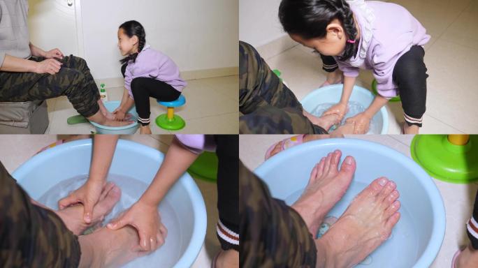 学生家庭作业女儿给爸爸洗脚温馨父女情感