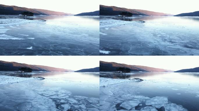湖面漂浮的冰块寒冷冬天冰冷冰封湖水结冰
