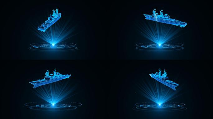 蓝色线框全息科技驱逐舰动画带通道