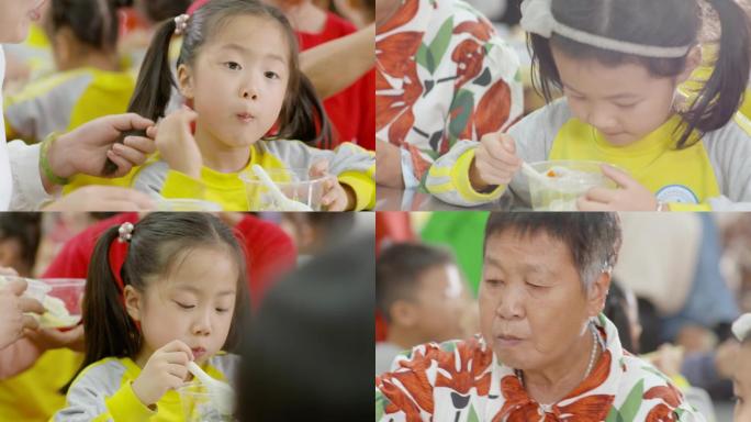 小学生儿童孩子吃饺子学校组织家长亲子活动