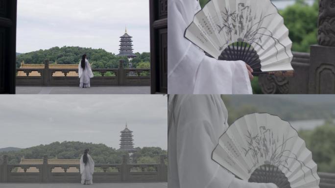 古风古装汉服穿越杭州西湖十景雷峰塔风景扇