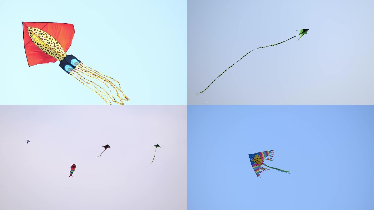 【4k超清】蓝天中多种多样风筝