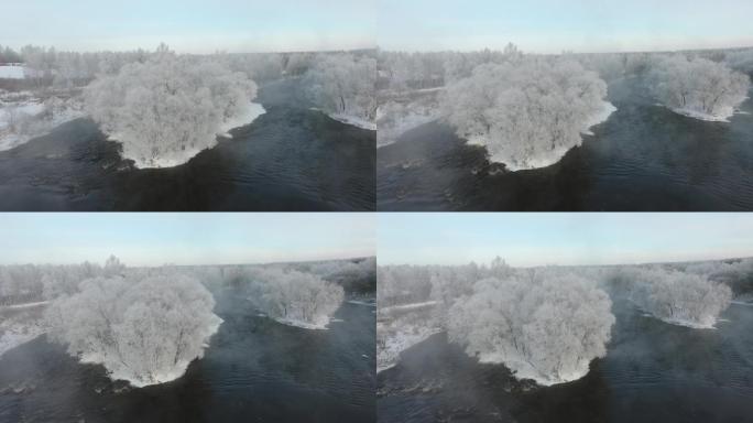 航拍 雪景 雾凇 河流 树林