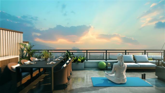 露台阳台 瑜伽 夕阳  晨曦 阳台观景