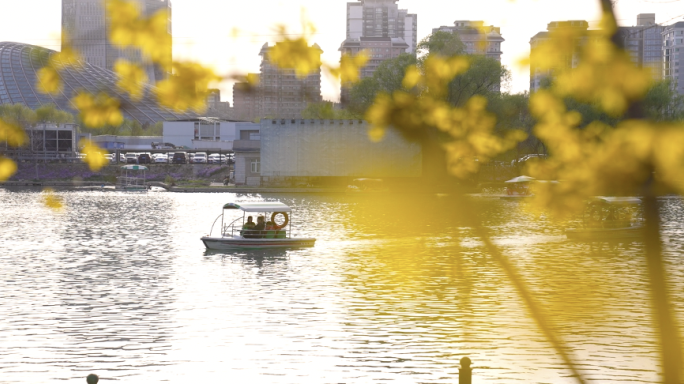 城市公园游乐船 湖泊夕阳