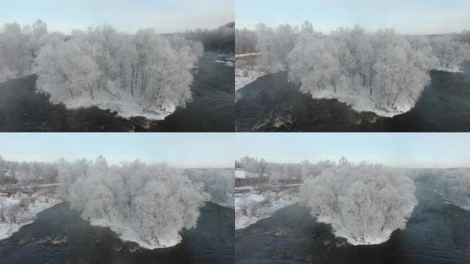 航拍 雪景 雾凇 河流 树林