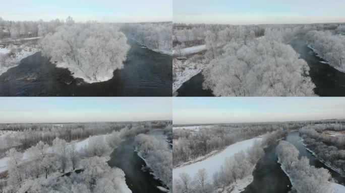 航拍 雪景 雾凇 河流 树林