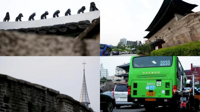 韩国古建筑 景点 街道车流