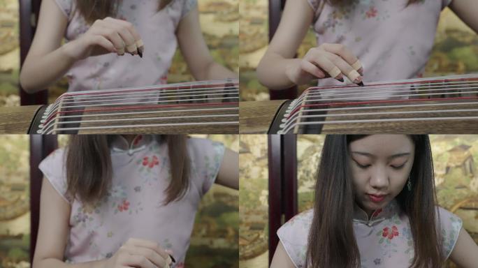 4k实时拍摄，美丽的年轻女子演奏古筝